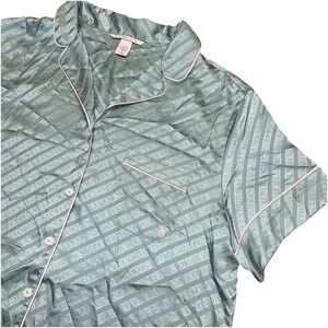 Y2K 2000s Victoria's Secret Green Satin Button Short Sleeve Pajama Top Women's M